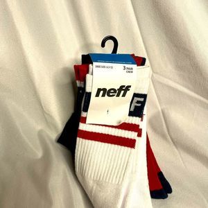 Neff Crew Socks 3 Pair Men 6.5-12 White Red Blue w Stripe & Logo Skate BMX Ride
